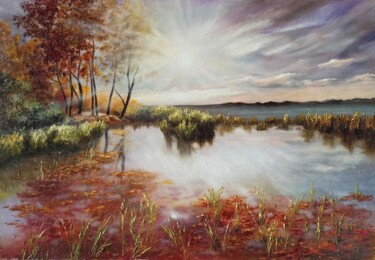 Painting titled "Paysage d'automne" by Angelina Ermakova, Original Artwork, Oil Mounted on Wood Panel
