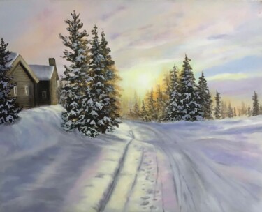 Картина под названием "Paysage hivernal." - Angelina Ermakova, Подлинное произведение искусства, Масло Установлен на Деревян…