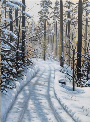 Painting titled "Ambiance hivernale" by Angelina Ermakova, Original Artwork, Oil Mounted on Wood Stretcher frame