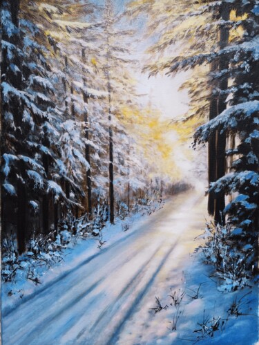 Pintura titulada "Le chemin hivernale." por Angelina Ermakova, Obra de arte original, Oleo Montado en Bastidor de camilla de…