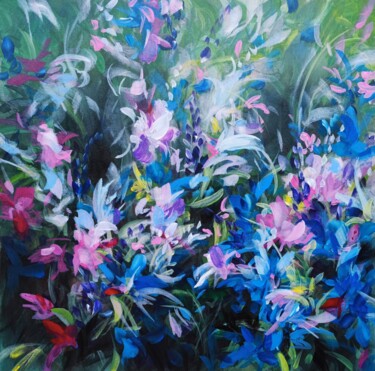 Painting titled "Une jardin fleuri." by Angelina Ermakova, Original Artwork, Acrylic Mounted on Wood Stretcher frame