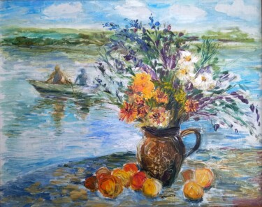 Painting titled "Натюрморт у реки" by Angelina Maslikova, Original Artwork, Oil
