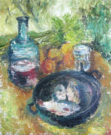 Painting titled "Still life with Fish" by Angelina Maslikova, Original Artwork, Oil