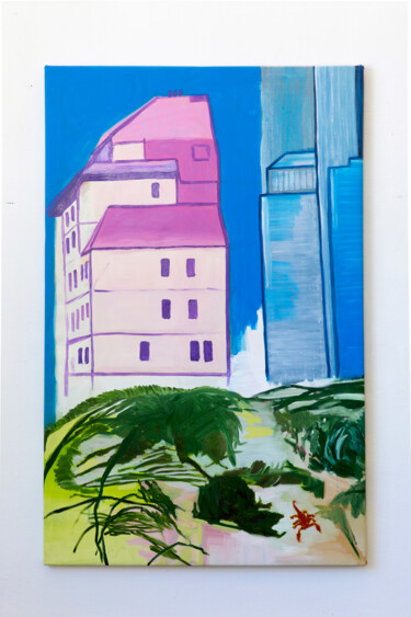 Schilderij getiteld "La maison rose" door Angelina Pavlova, Origineel Kunstwerk, Olie Gemonteerd op Frame voor houten branca…