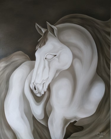 Картина под названием "Иллюзорный конь — о…" - Angelina Damenia, Подлинное произведение искусства, Масло