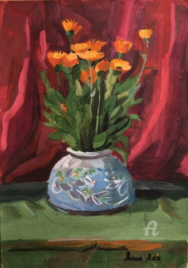 Peinture intitulée "Календула цветёт в…" par Angelina Liakh, Œuvre d'art originale, Gouache