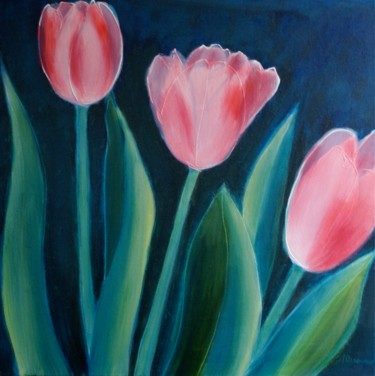 Painting titled "Drie tulpen" by Angeline Rosendaal, Original Artwork, Oil Mounted on Wood Stretcher frame