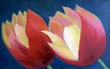 Painting titled "Twee tulpen" by Angeline Rosendaal, Original Artwork, Oil Mounted on Wood Stretcher frame
