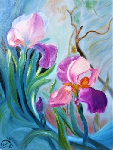 Painting titled "Irises" by Olga Khaladzhieva, Original Artwork, Oil