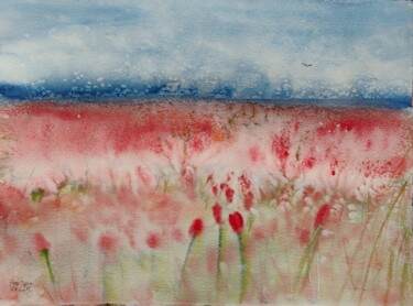 Schilderij getiteld "Champ de tulipes" door Angelique Ksiazek, Origineel Kunstwerk, Aquarel