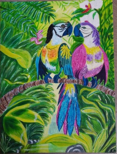 Картина под названием "couple de perroquets" - Angélique Marchese, Подлинное произведение искусства, Акрил