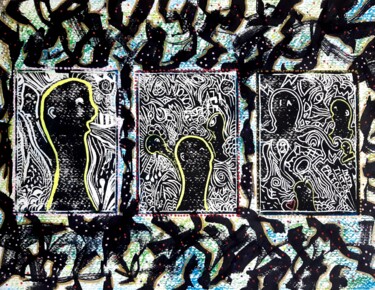 Gravures & estampes intitulée "Les souffleurs" par Angelique Mouton, Œuvre d'art originale, Linogravures