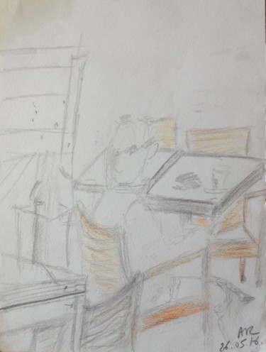 Drawing titled "L'homme au café _ S…" by Angélique Rouxel, Original Artwork