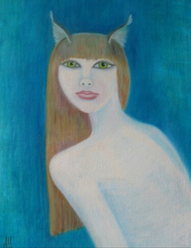 Картина под названием "Девушка-кошка" - Angella Shmidthen, Подлинное произведение искусства, Масло Установлен на картон