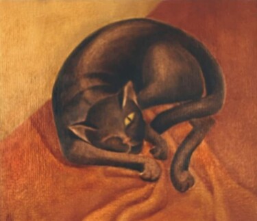 Картина под названием "Чёрный кот" - Angella Shmidthen, Подлинное произведение искусства, Масло Установлен на Деревянная рам…