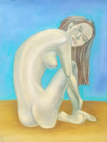 Painting titled "Девушка на песке." by Angella Shmidthen, Original Artwork, Oil Mounted on Cardboard
