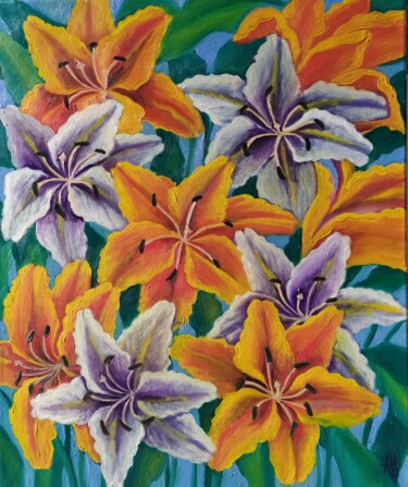 Pintura titulada "Solar lilies." por Angella Shmidthen, Obra de arte original, Oleo