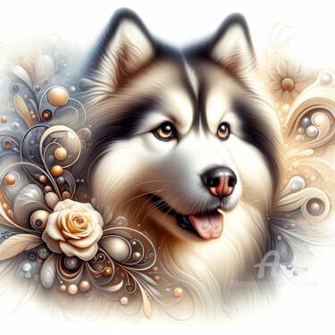 Arte digitale intitolato "Husky Florale: Eleg…" da Angelo Arcamone, Opera d'arte originale, Immagine generata dall'IA