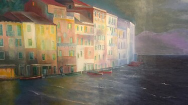 Painting titled "Portofino" by Angelo Franzini, Original Artwork, Oil Mounted on Wood Stretcher frame