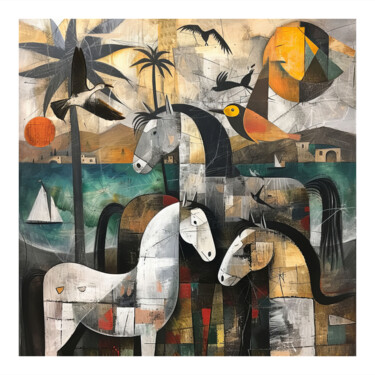 Pintura intitulada "Horses on the Beach…" por Angelo Makula, Obras de arte originais, Acrílico