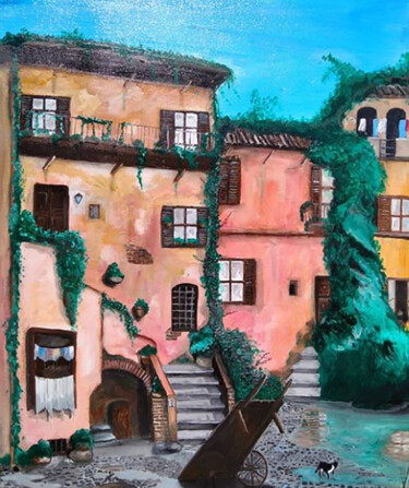 Painting titled "Arco degli Acetari" by Angelo Marcelli, Original Artwork, Oil Mounted on Wood Stretcher frame