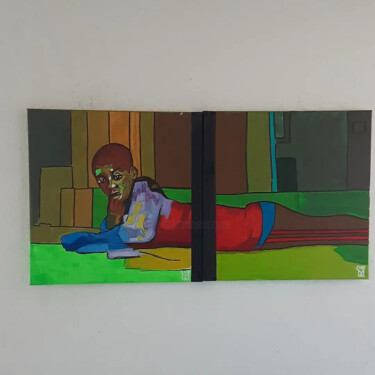 Painting titled "Buch lesen." by Angelo Marzullo, Original Artwork, Acrylic Mounted on Wood Stretcher frame