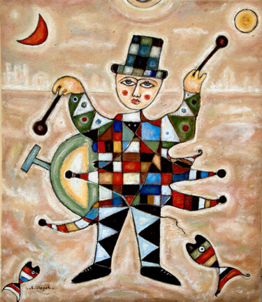 Pittura intitolato "suonatore di cassa" da Angelo Mazzoleni, Opera d'arte originale, Olio