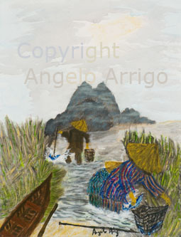 Pittura intitolato "Famiglia al lavoro-…" da Angelo Arrigo, Opera d'arte originale, Olio