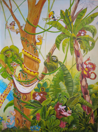 Painting titled "toile jungle humour…" by Sylvie Mailhe Poursines, Original Artwork, Acrylic