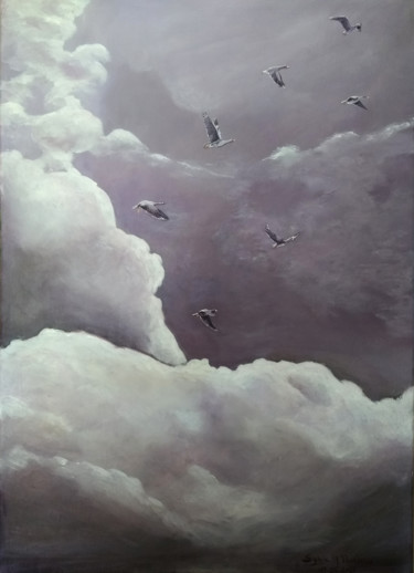 Painting titled "ciel orageux et oie…" by Sylvie Mailhe Poursines, Original Artwork, Acrylic Mounted on Wood Stretcher frame