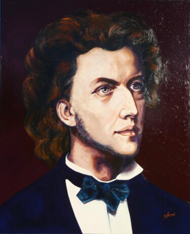 Painting titled "Frederic Chopin" by Philippe Jamin, Original Artwork, Oil Mounted on Wood Stretcher frame