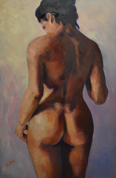 Painting titled "Femme de dos II" by Philippe Jamin, Original Artwork, Oil Mounted on Wood Stretcher frame