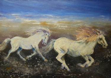 Painting titled "Camargue" by Philippe Jamin, Original Artwork, Oil Mounted on Wood Stretcher frame