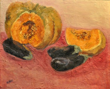 Painting titled "Citrouille et auber…" by Philippe Jamin, Original Artwork, Oil