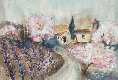 Painting titled "Les cerisiers en fl…" by Philippe Jamin, Original Artwork, Watercolor