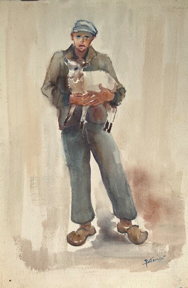 Painting titled "Le berger" by Philippe Jamin, Original Artwork, Watercolor