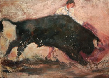 Painting titled "Le taureau en colère" by Philippe Jamin, Original Artwork, Oil