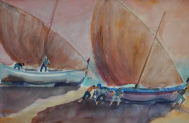 Painting titled "Retour de pêche" by Philippe Jamin, Original Artwork, Watercolor
