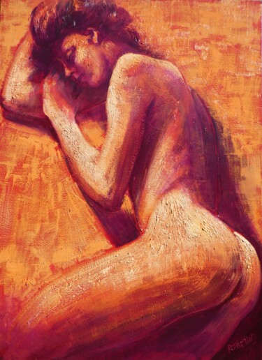 Painting titled "Femme endormie II" by Philippe Jamin, Original Artwork, Oil Mounted on Wood Stretcher frame