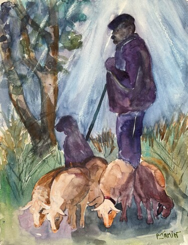 Painting titled "Le repos du berger" by Philippe Jamin, Original Artwork, Watercolor