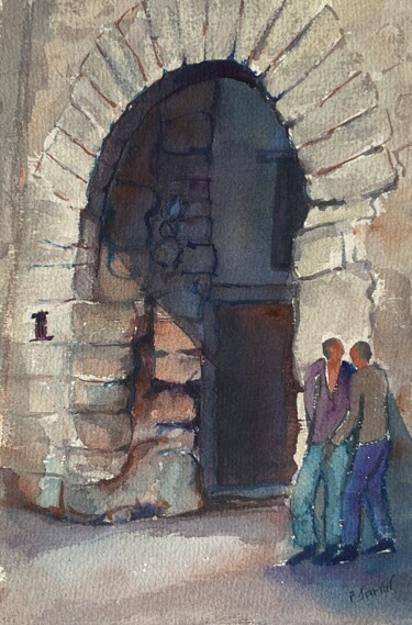 Malerei mit dem Titel "Le porche" von Philippe Jamin, Original-Kunstwerk, Aquarell