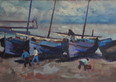 Painting titled "Scène de pêche" by Philippe Jamin, Original Artwork, Oil