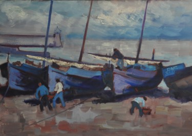 Peinture intitulée "Scène de pêche" par Philippe Jamin, Œuvre d'art originale, Huile