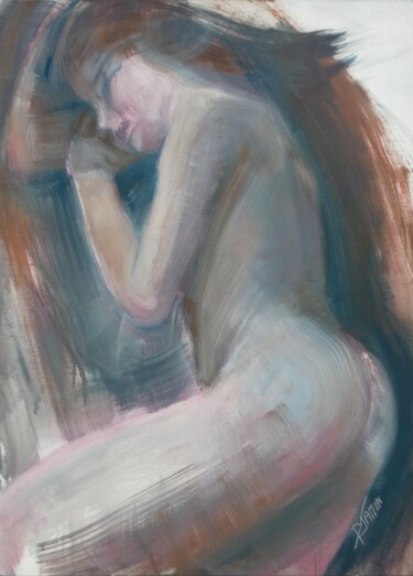 Painting titled "Femme endormie V" by Philippe Jamin, Original Artwork, Oil Mounted on Wood Stretcher frame