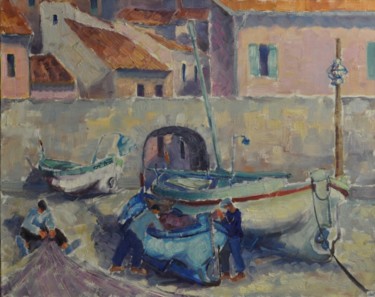 Painting titled "Devant le porche" by Philippe Jamin, Original Artwork, Oil Mounted on Wood Stretcher frame