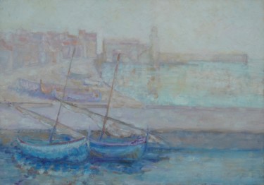 Painting titled "Le nouveau port" by Philippe Jamin, Original Artwork, Oil Mounted on Wood Stretcher frame