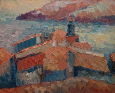 Painting titled "Vue du Mouré II" by Philippe Jamin, Original Artwork, Oil Mounted on Wood Stretcher frame