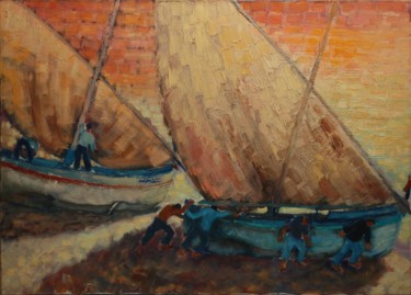 Painting titled "Voiles au matin" by Philippe Jamin, Original Artwork, Oil Mounted on Wood Stretcher frame