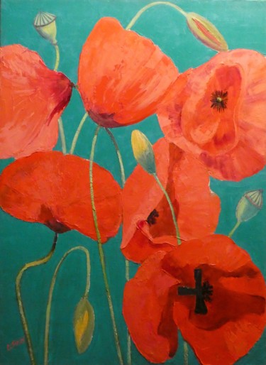 Painting titled "Coquelicots géants" by Philippe Jamin, Original Artwork, Oil