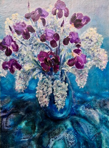 Painting titled "Iris et Glycine" by Philippe Jamin, Original Artwork, Oil Mounted on Wood Stretcher frame